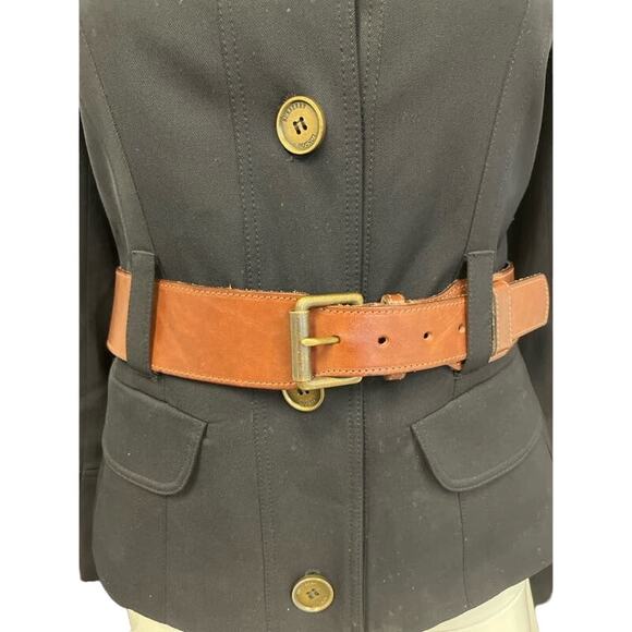 BURBERRY LONDON Blue Navy Collared Brown Leather Belted Jacket Blazer US 8 - Picture 3 of 5